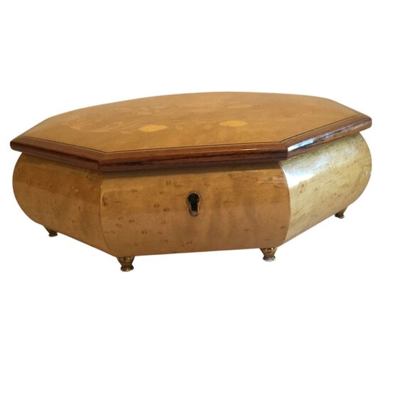 Vintage Reuge Swiss Music Jewelry Box Octagonal Design Floral Inlay & Velvet - Picture 15 of 15